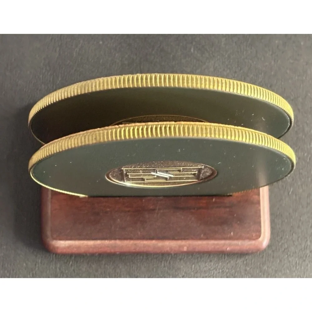 2 Piece Set of Vtg Asian Chinese Character Brass Detail Coasters w Wood Holder